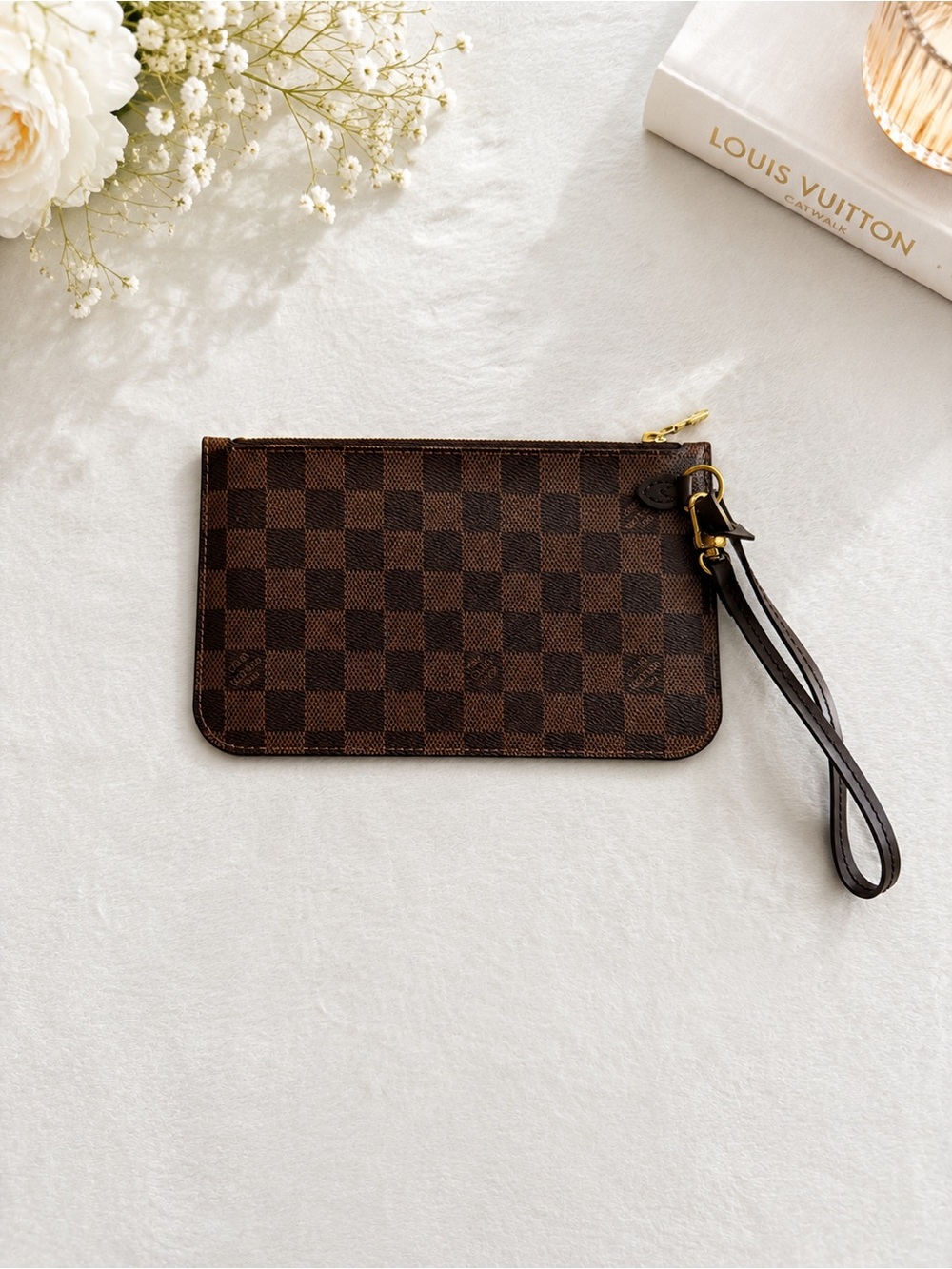 Authentic Louis Vuitton Damier Ebene Neverfull Pochette Wristlet